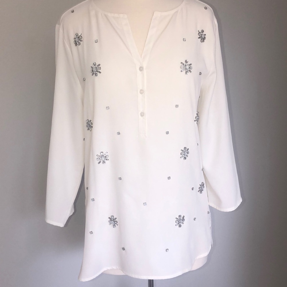 Ann Taylor White Blouse With Beaded Design